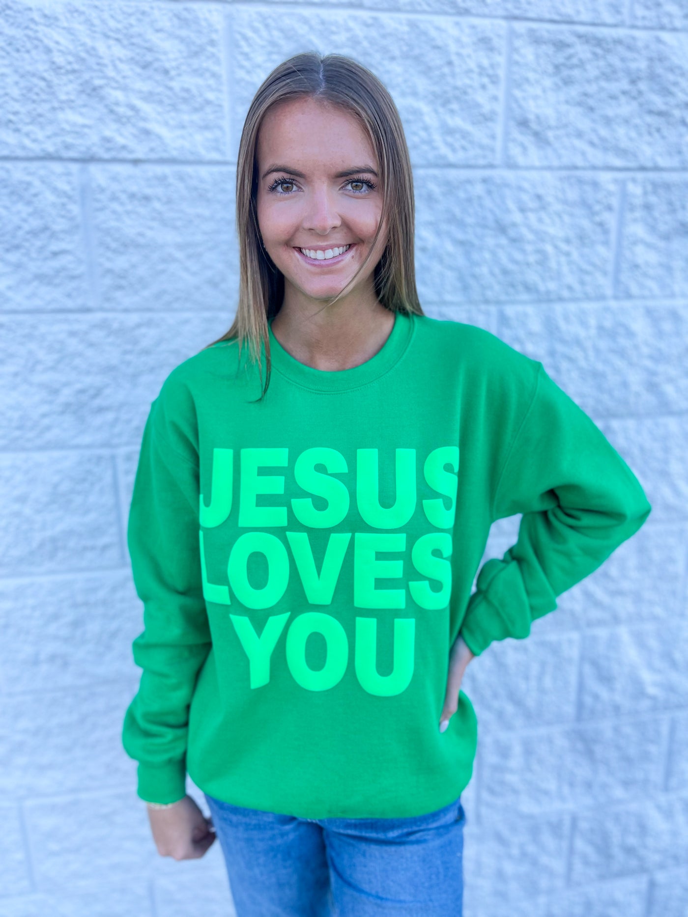 Jesus Loves You Green Sweatshirt