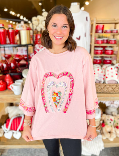 Blush 3/4 sleeve Heart Patch Front Top