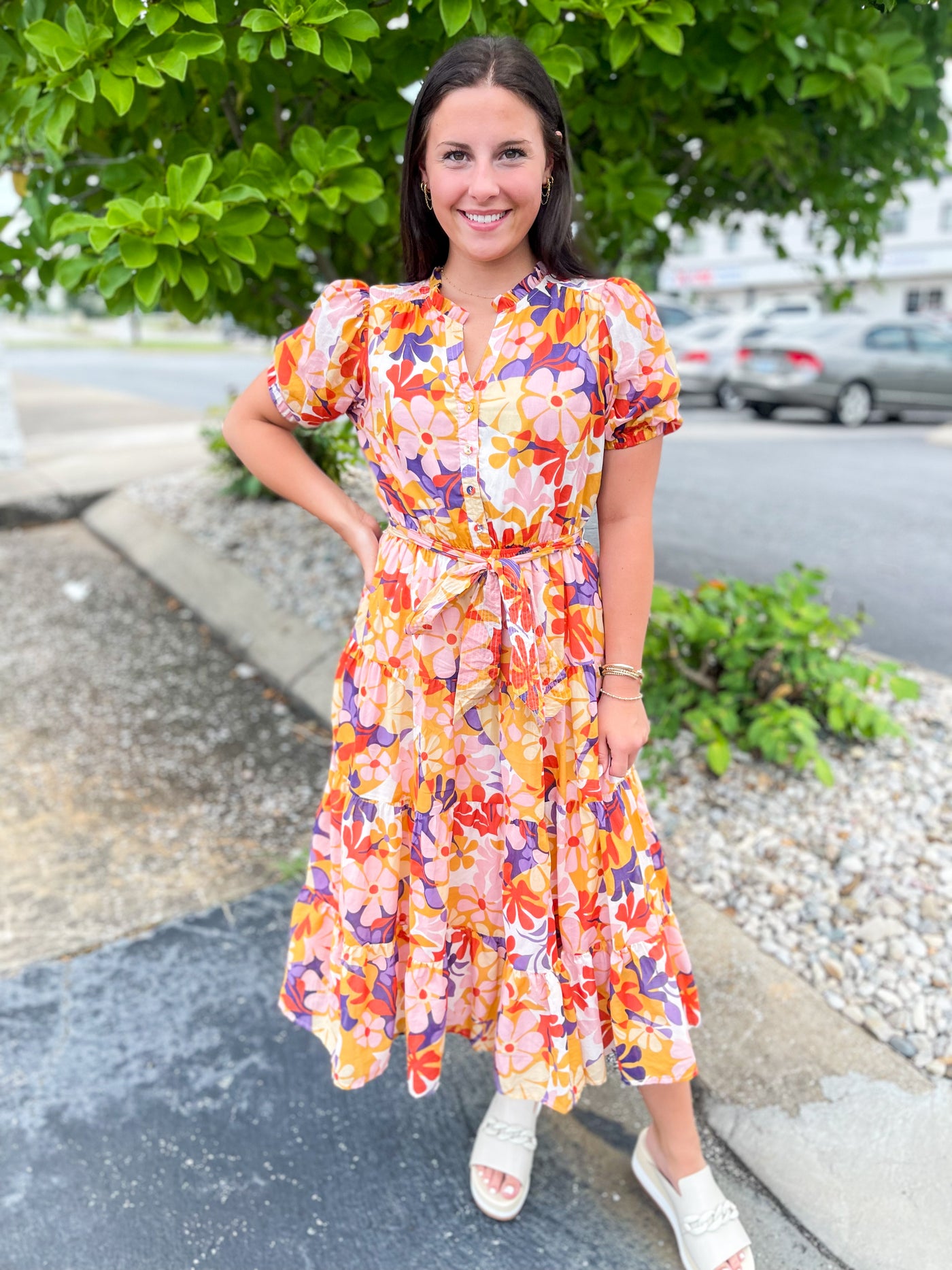 Mandy Floral Print Voile Ruffle Neck Tiered Dress