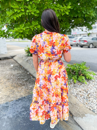 Mandy Floral Print Voile Ruffle Neck Tiered Dress