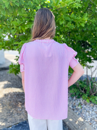 Janet Pink Striped Tie-Keyhole Short Sleeve Top