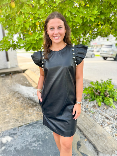 Graycee Black Leather Dress w/ Pearls