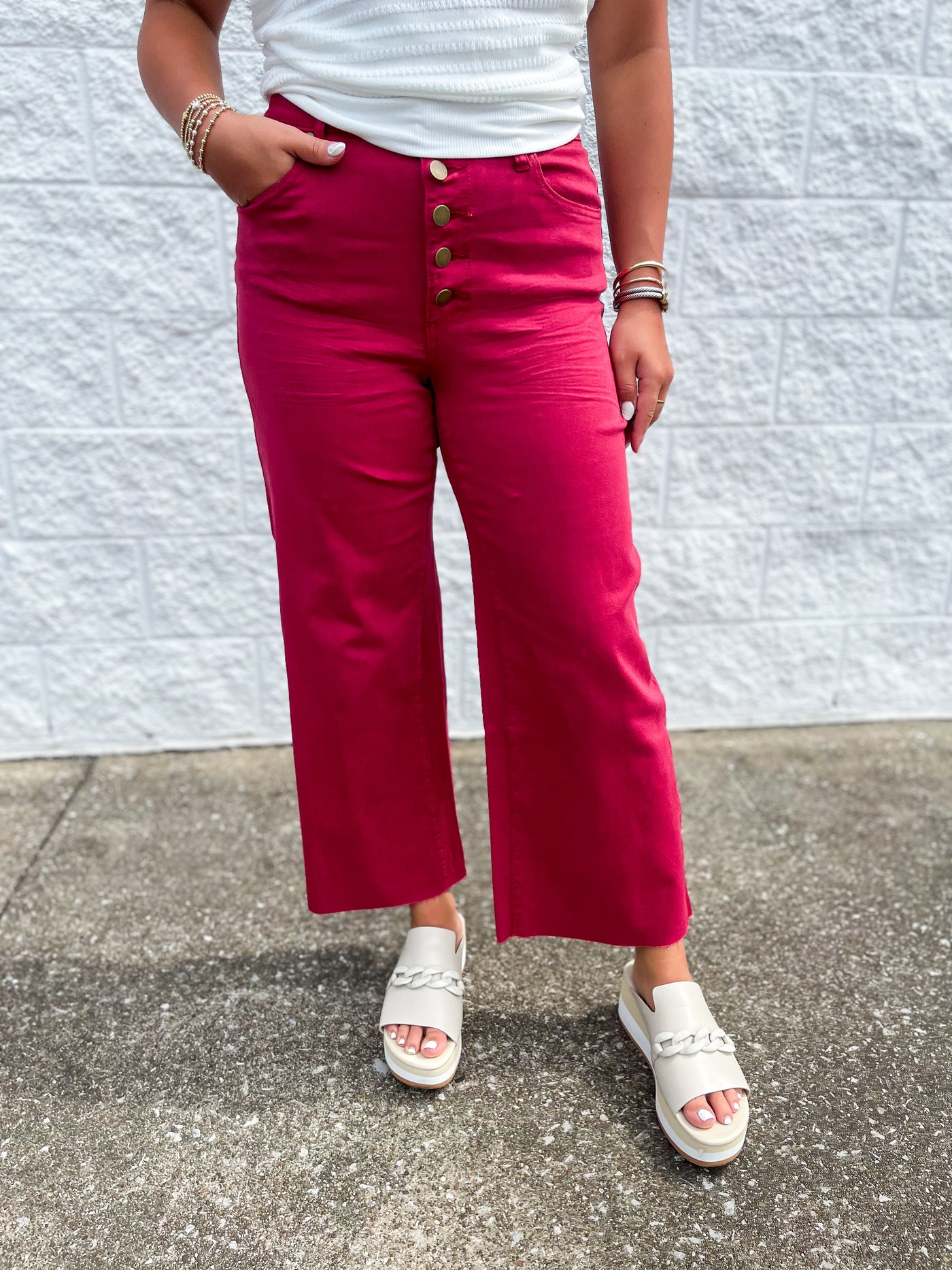 Red Velvet Button Front Wide Leg Pants