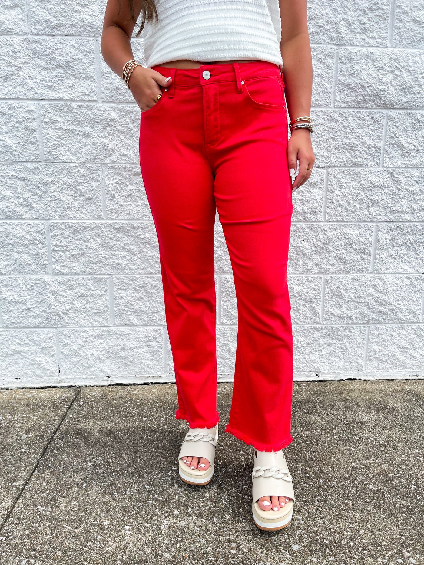 Scarlet Mid Rise Crop Straight Fray Hem Pants