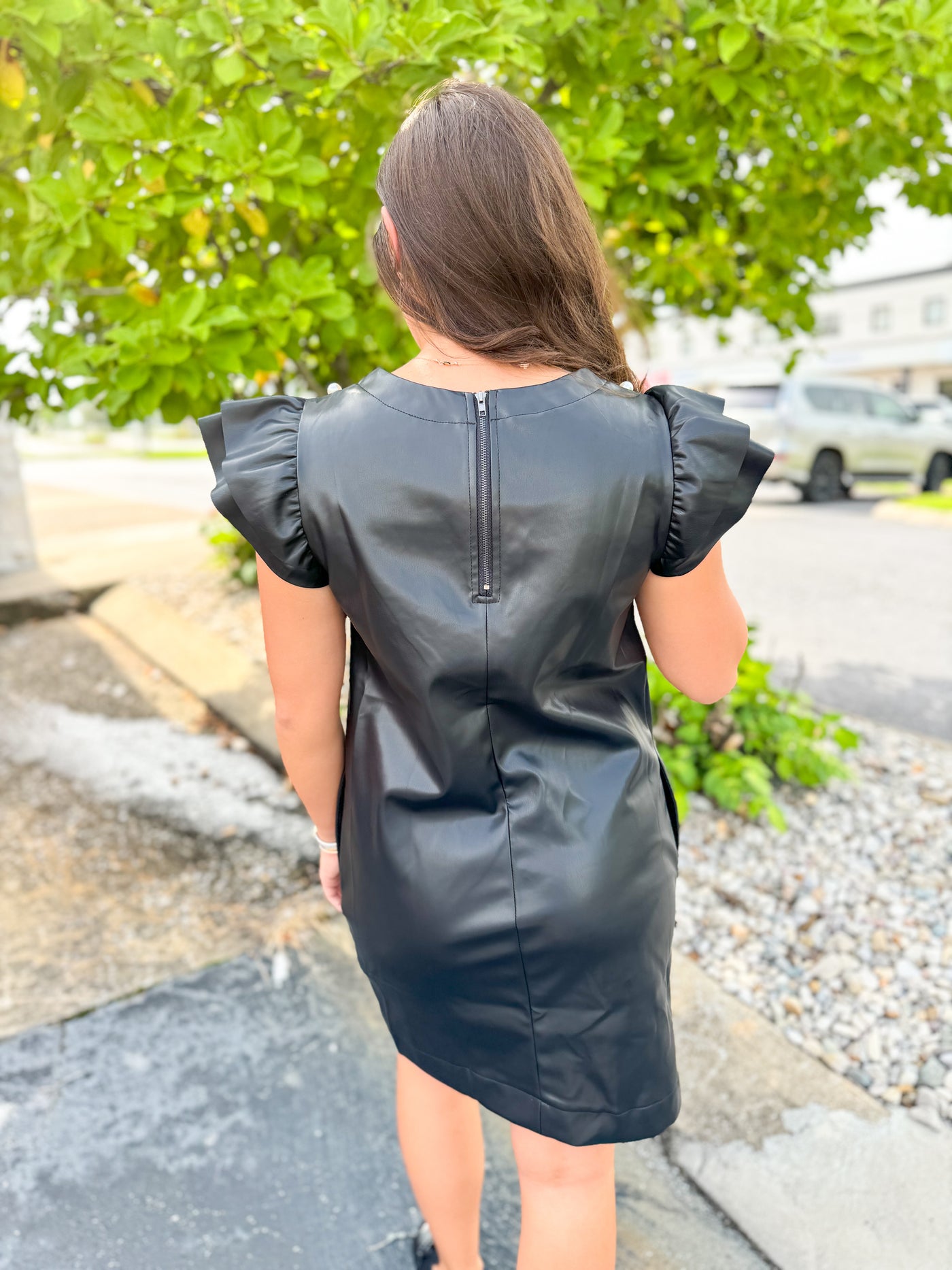 Graycee Black Leather Dress w/ Pearls