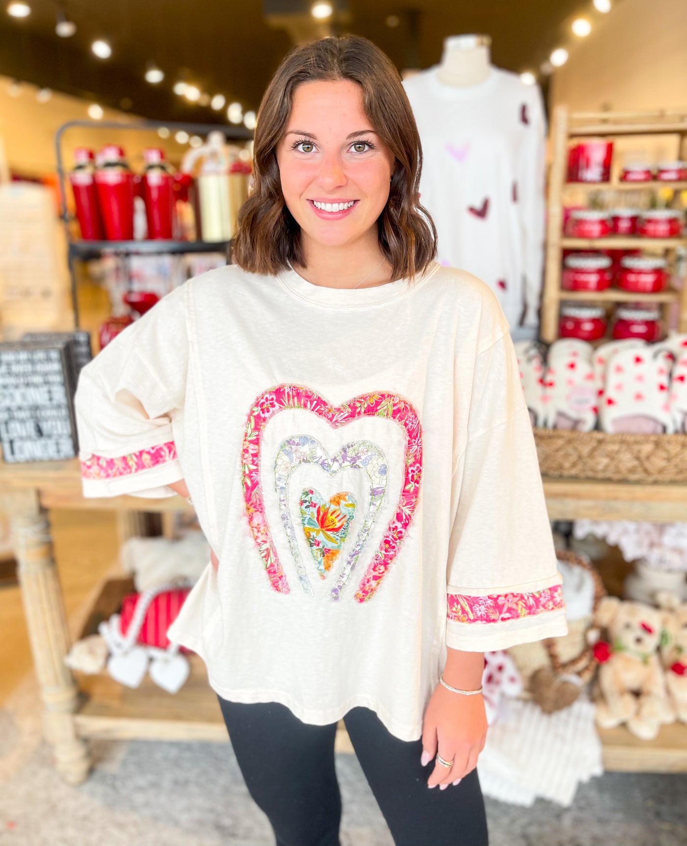 Ivory 3/4 sleeve Heart Patch Front Top