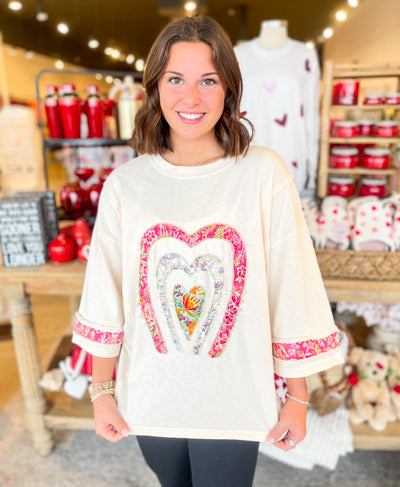 Ivory 3/4 sleeve Heart Patch Front Top