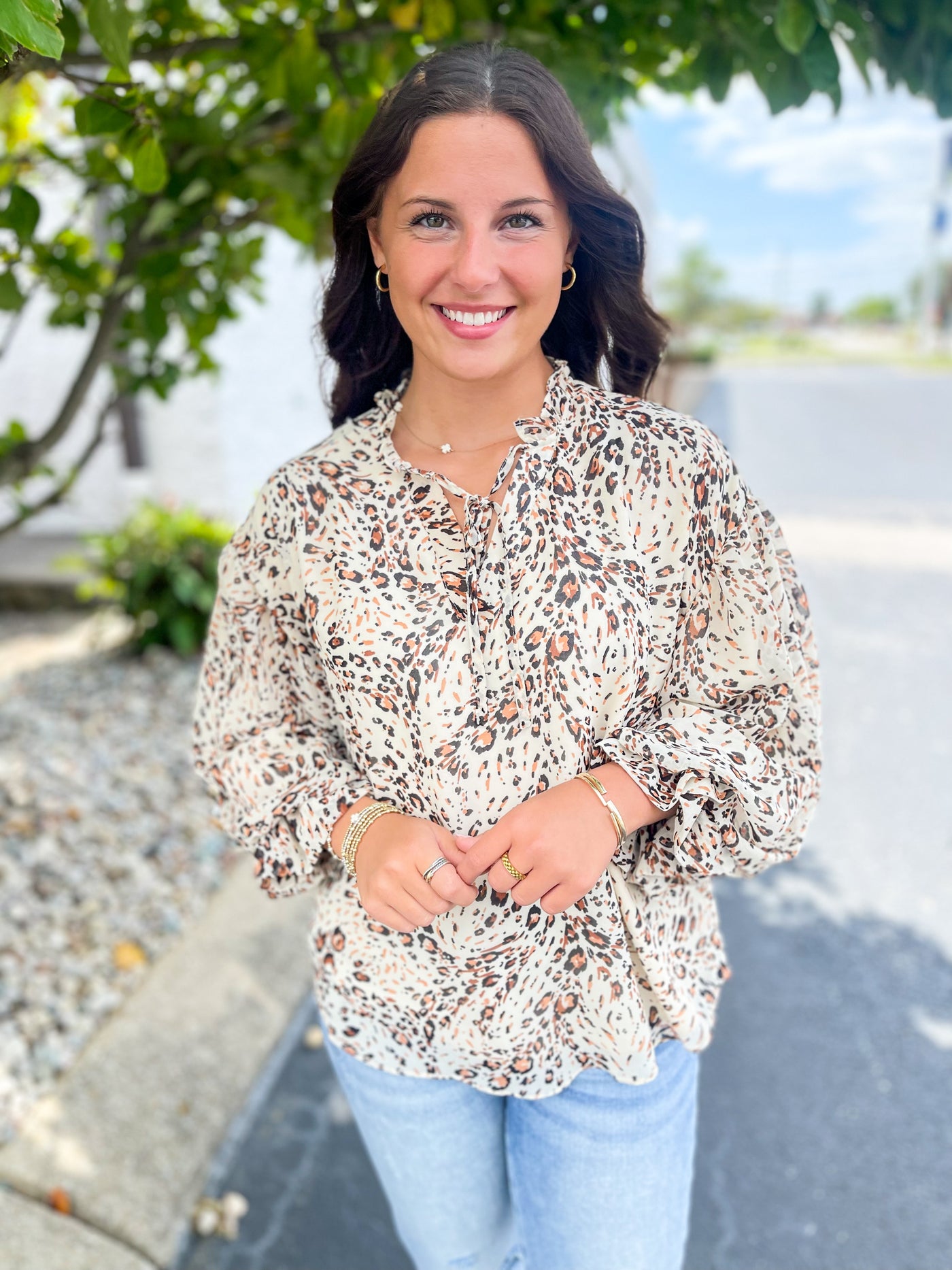 Animal Print Bubble Sleeve Blouse