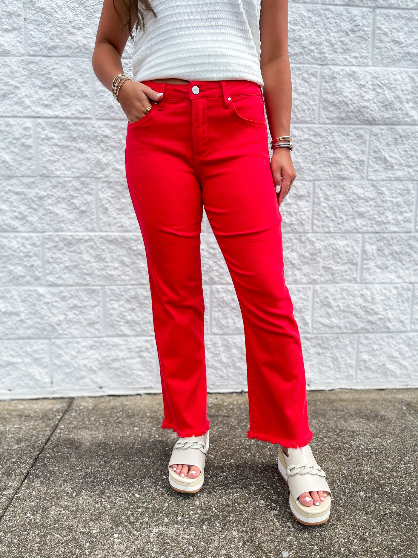 Scarlet Mid Rise Crop Straight Fray Hem Pants