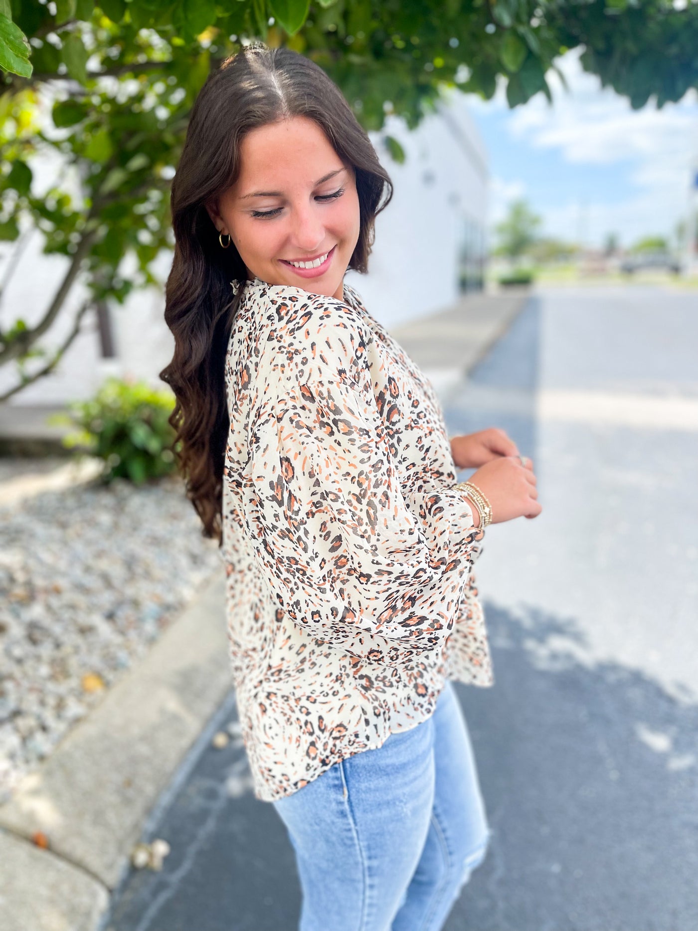 Animal Print Bubble Sleeve Blouse