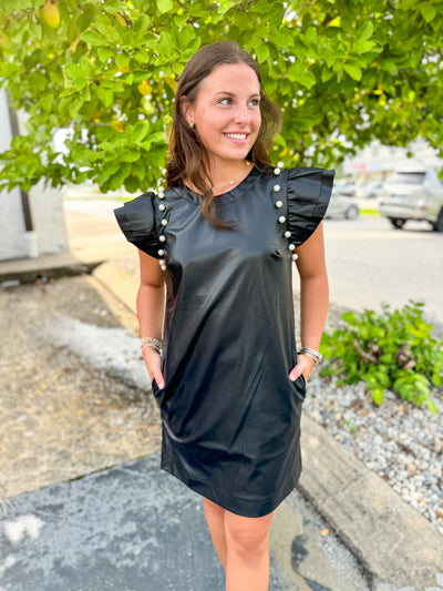 Graycee Black Leather Dress w/ Pearls