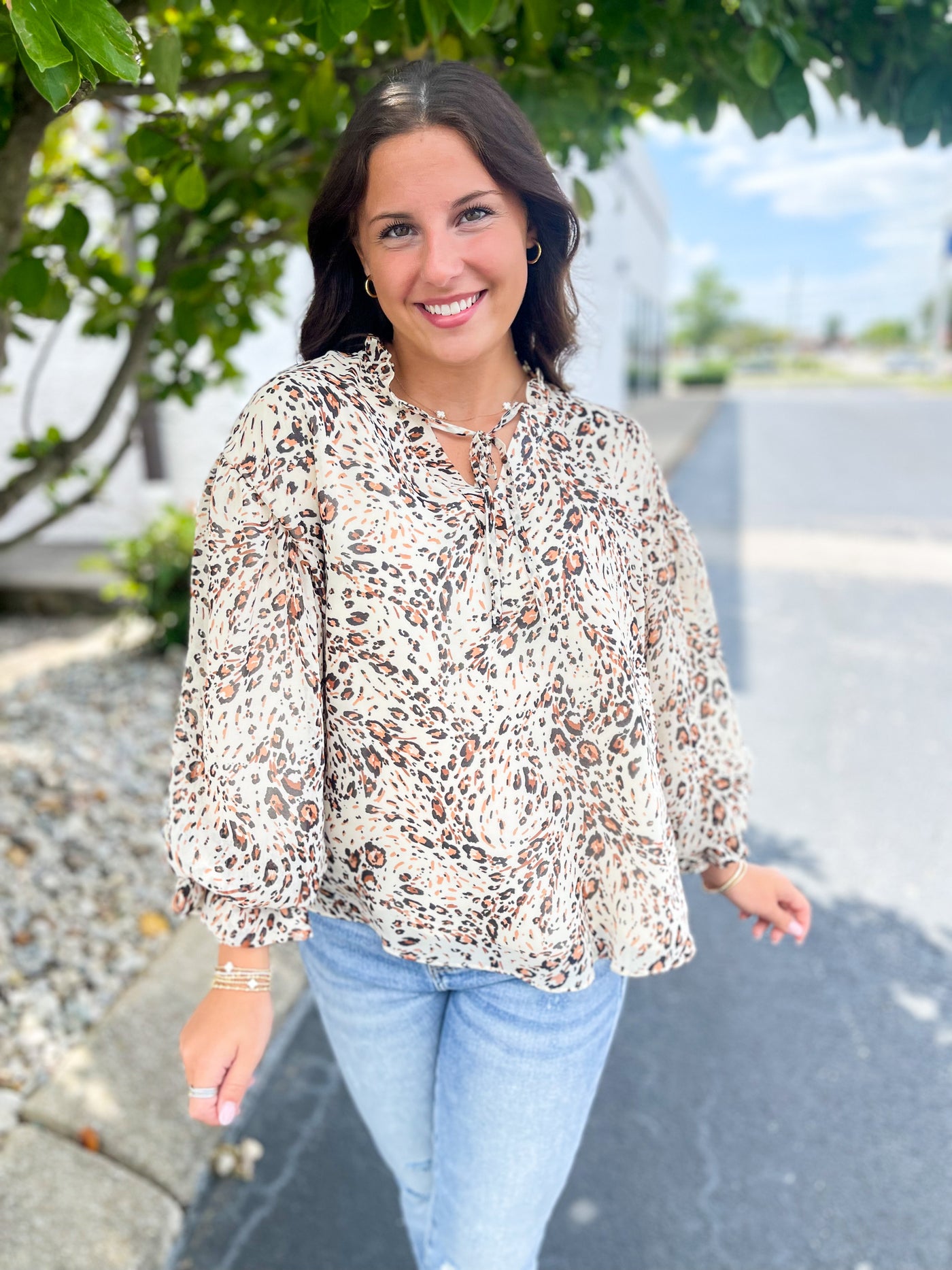 Animal Print Bubble Sleeve Blouse