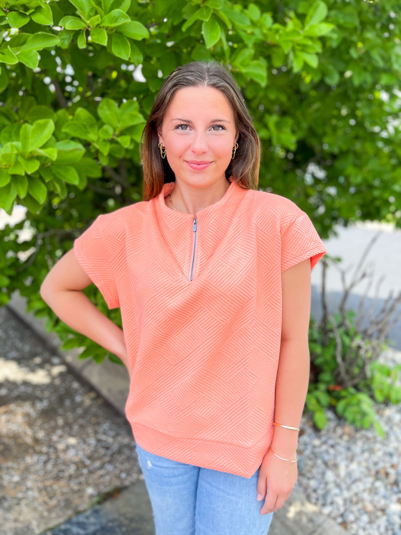 See and Be Seen Peach Texture Half Zip Top