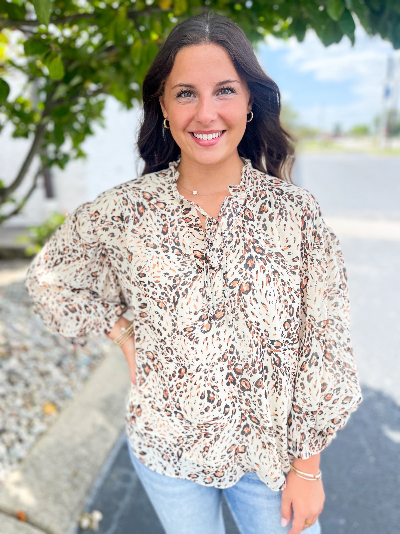 Animal Print Bubble Sleeve Blouse