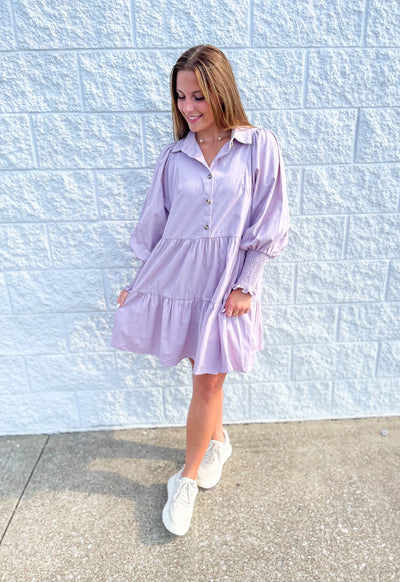 Lilac Poplin Smocked Sleeve Dress