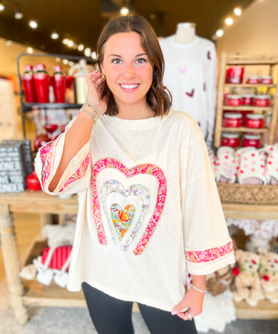 Ivory 3/4 sleeve Heart Patch Front Top