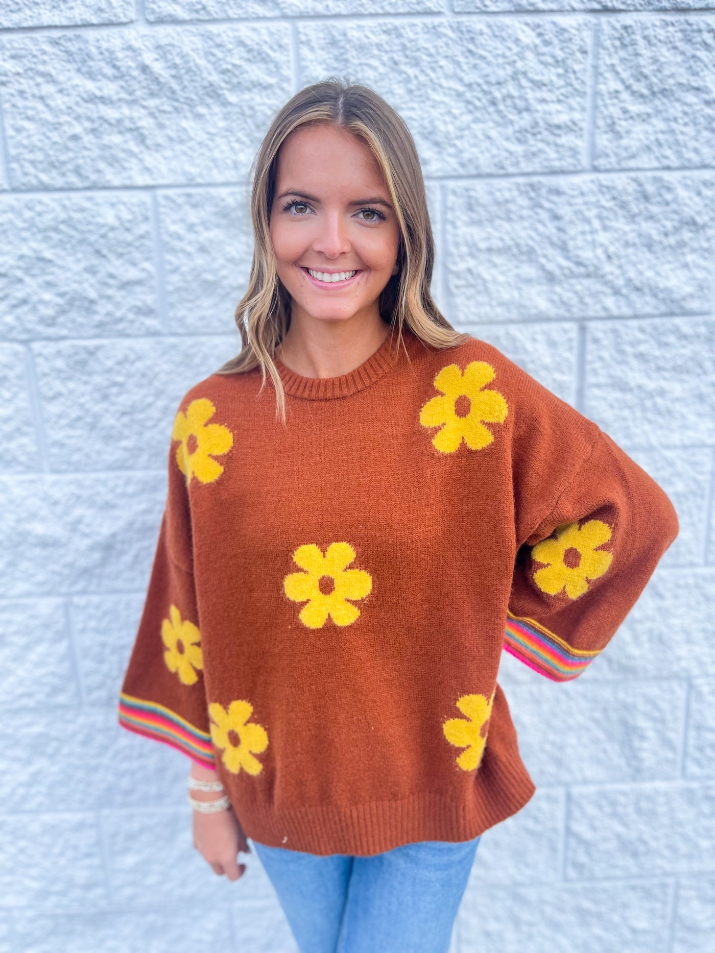 Easel Wooden 3/4 Sleeve Flower Sweater