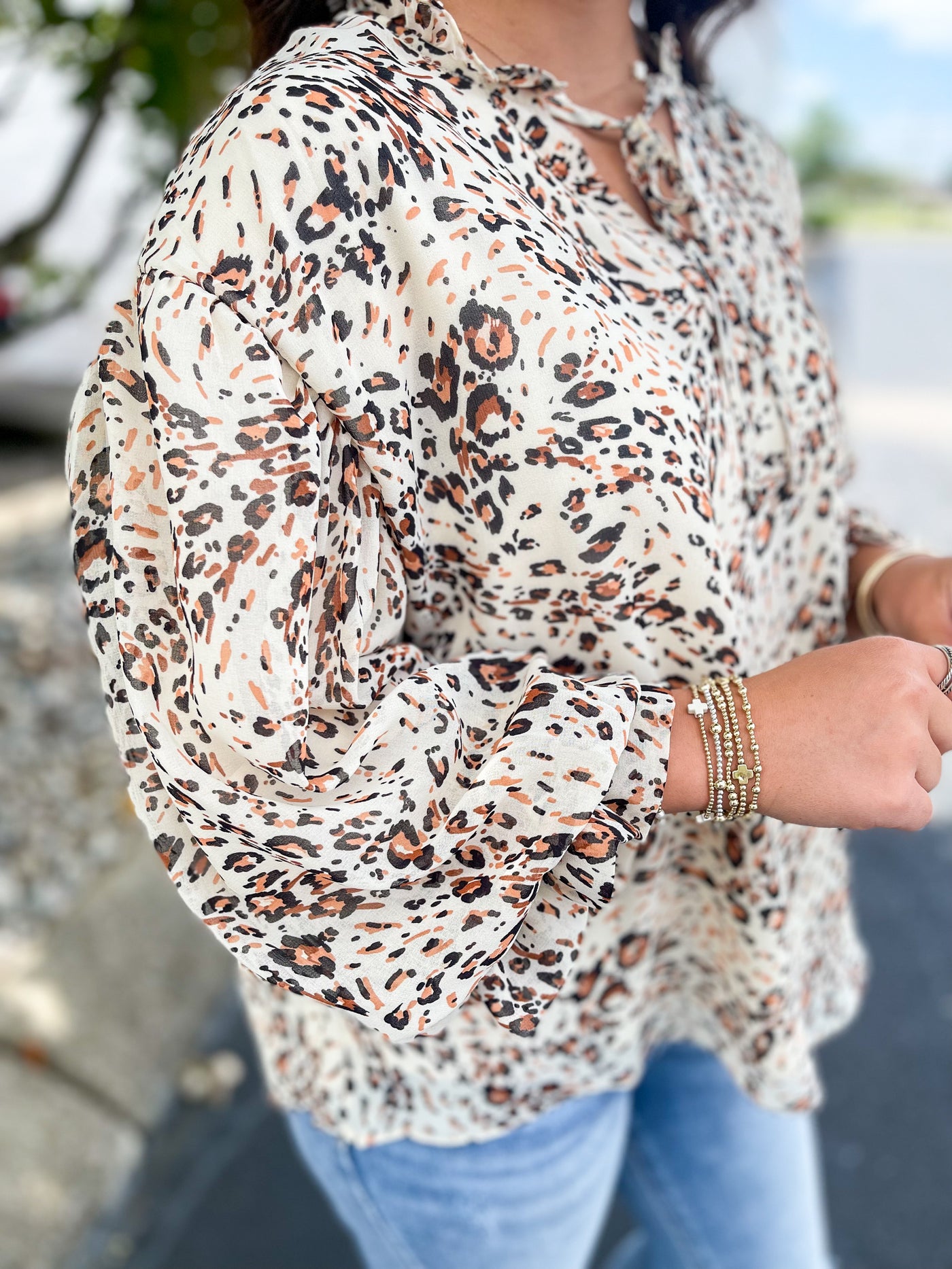 Animal Print Bubble Sleeve Blouse